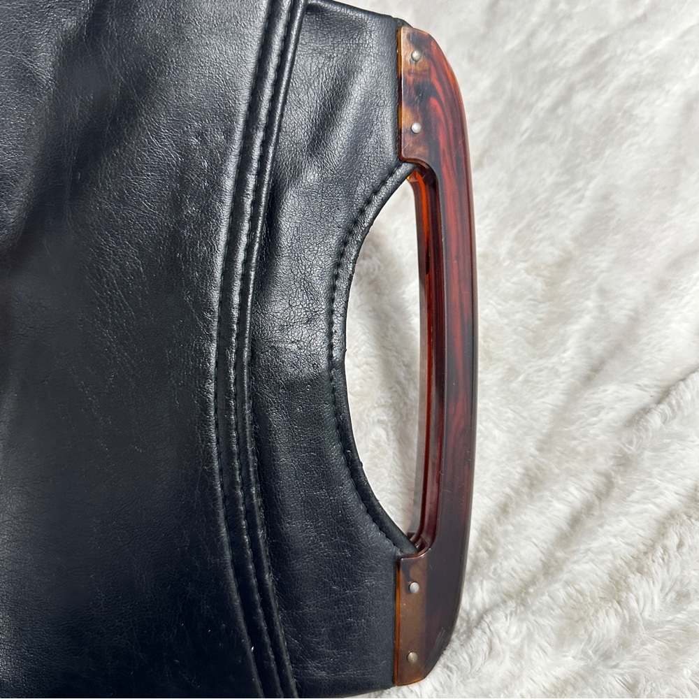 Black leather midcentury 70’s handbag Bakelite top handle Vintage Purse Whimsy - Picture 5 of 16